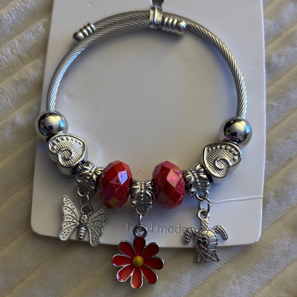 Silver-Tone Bracelet with Red Beads & Charms